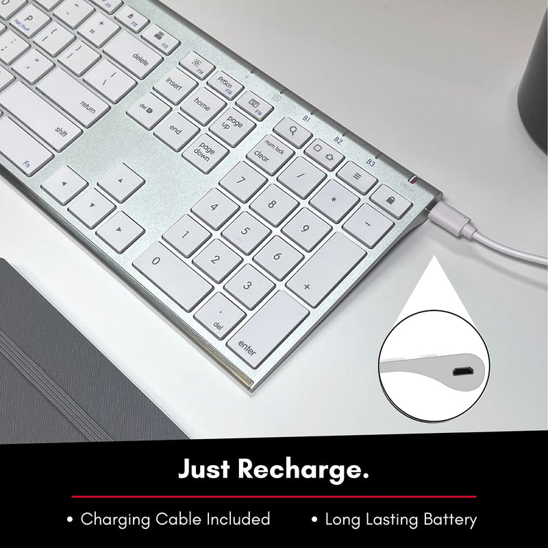 Macally Wireless Bluetooth Keyboard with Numeric Keypad - Multi Device Keyboard for Mac Pro/Mini, Apple iMac, MacBook, Laptop, Computer Windows PC. Android, Smartphones, Tablets (Aluminum Silver) Aluminum Silver