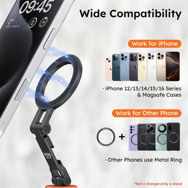 [AUSTRALIA] - VRIG MG-28 Magnetic Phone Tripod Mount,1/4" Thread Cold Shoe 360° Rotation,for iPhone16 15 14 13 12 Pro All Series,Magnetic Ring Magsafe iPhone Tripod Mount Adapter 
