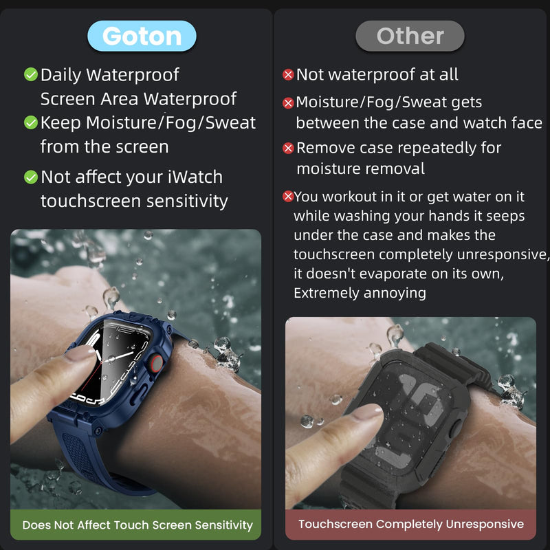 Goton 3 in 1 Waterproof Case and Band with Tempered Glass Screen Protector for Apple Watch Series 9 8 7 6 5 4 SE Ultra 44mm 40mm 45mm 41mm 49mm, Bumper Cover for iWatch Accessories, 41mm