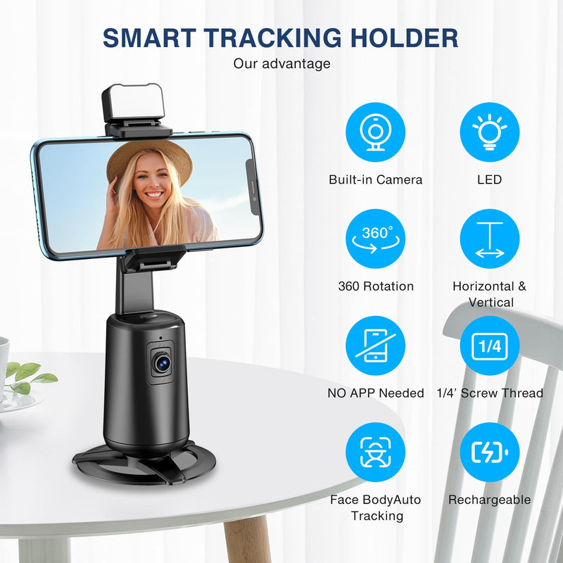 [AUSTRALIA] - Auto Face Tracking Tripod 360° Rotating Auto Tracking Phone Stand, No App, Phone Camera Stand with Remote and Gesture Control, Rechargeable Smart Shooting Stand for Live Video Recording Tiktok Black 