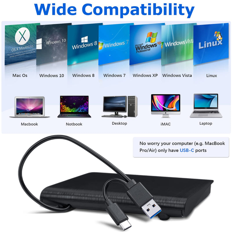 [AUSTRALIA] - Haiway External DVD Drive, USB 3.0 Type-C CD Burner Portable CD DVD +/-RW Optical Drive Slim CD DVD ROM Rewriter CD/DVD Player Writer Reader for Laptop Desktop MacBook PC Windows Linux Mac OS (Black) USB 3.0 USB-A & USB-C BK 