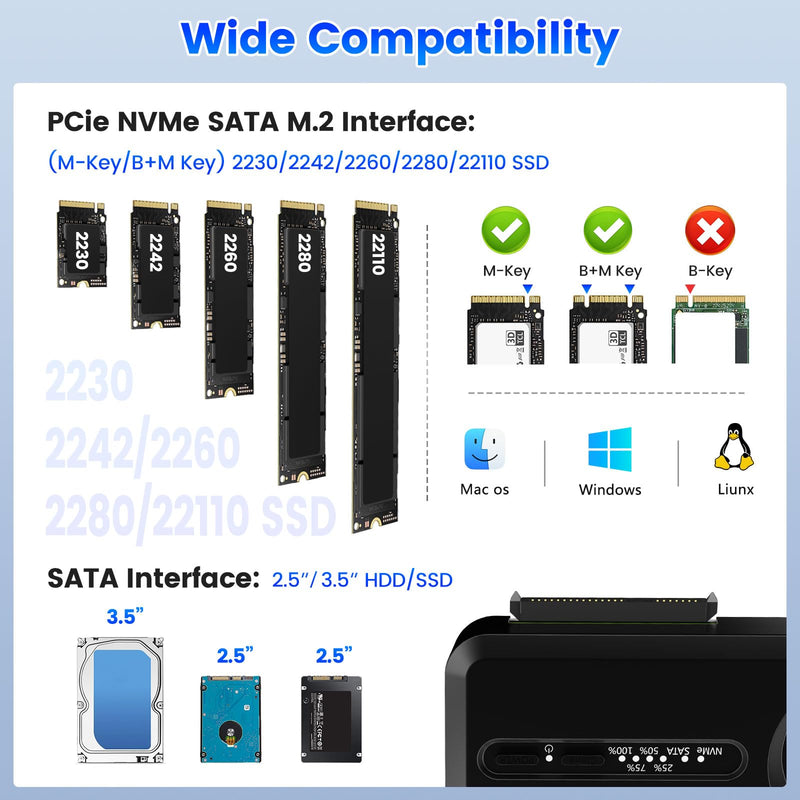 M.2 NVMe to 2.5'' 3.5'' Offline Clone Enclosure, SATA SSD to NVMe SSD Enclosure Adapter Cloner, 10Gbps Standalone Clone Duplicator