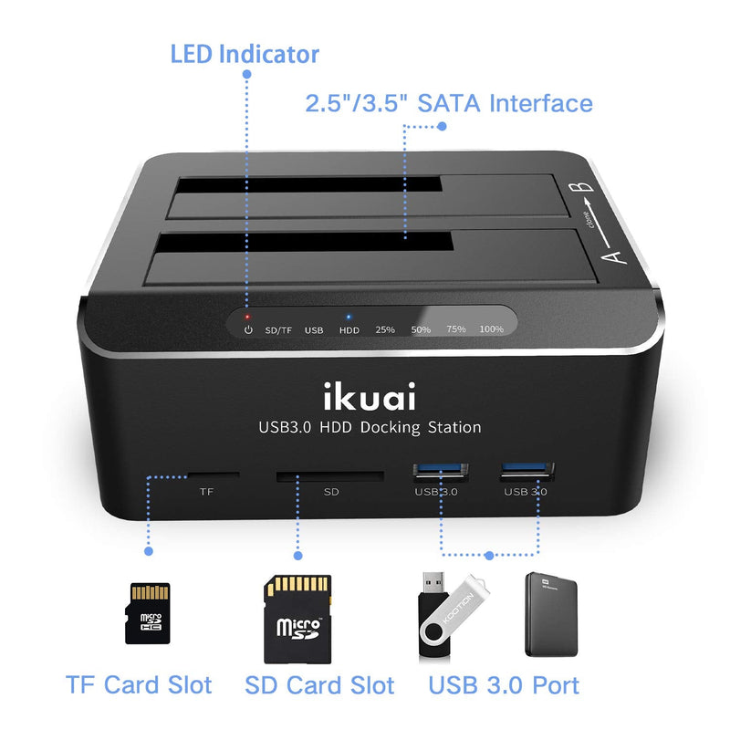 SATA to USB 3.0 Dual Bay Hard Drive Dock for 2.5"/3.5" SATA HDD SSD with Micro SD Card Reader 2 USB 3.0 Port, Offline Clone Function External Hard Drive Docking Station, 2X20TB and UASP Support RSH-DS02