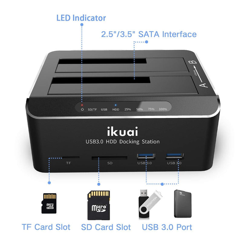 ikuai SATA to USB 3.0 Dual Bay Hard Drive Dock for 2.5" and 3.5" SATA HDD SSD with SD TF Card Reader 2 USB 3.0 Ports and Offline Clone Function External Hard Drive Docking Station (UASP Supported)