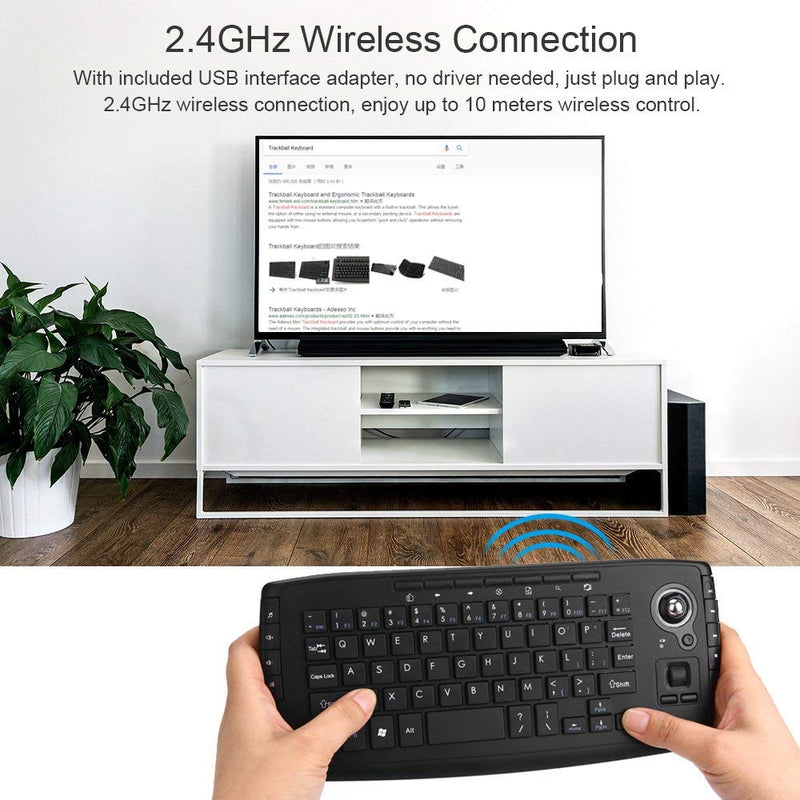 Docooler 2.4GHz Wireless Keyboard w/Trackball Mouse Scroll Wheel Remote Control Plug and Play w/USB Receiver for Android TV Box Smart TV PC Notebook (Black)