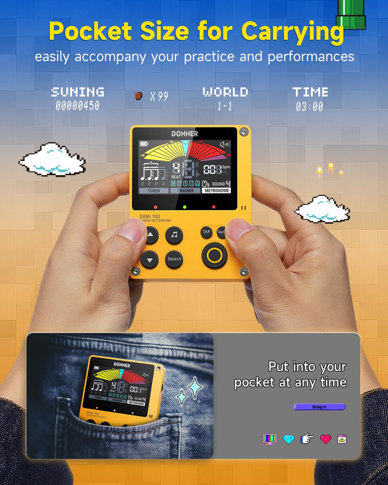 Donner Metronome Tuner, Rechargeable 3 In 1 Digital Metronome with Trainer Rhythm Mode, Tone Generator Tuners for Guitar, Bass, Violin, Ukulele, Chromatic, Piano, Flute, All Instruments, Yellow