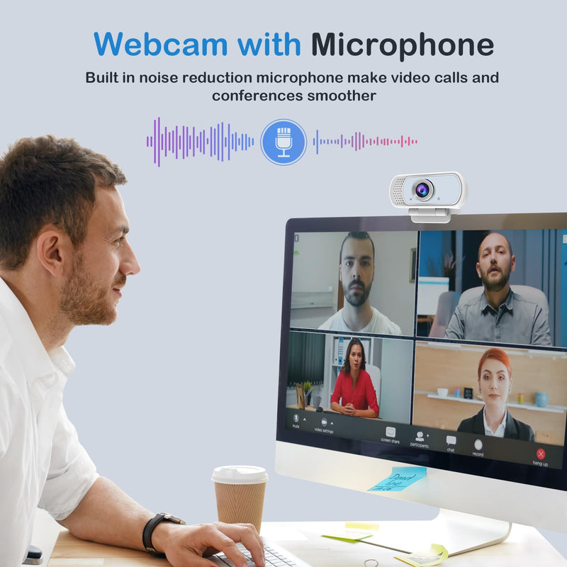 [AUSTRALIA] - Webcam with Microphone,Webcam 1080p White,USB Web Camera 110-Degree View Angle Computer Camera,Webcam Tripod/Privacy Cover/USB C Adapter Include,Plug and Play for Video Conferencing 