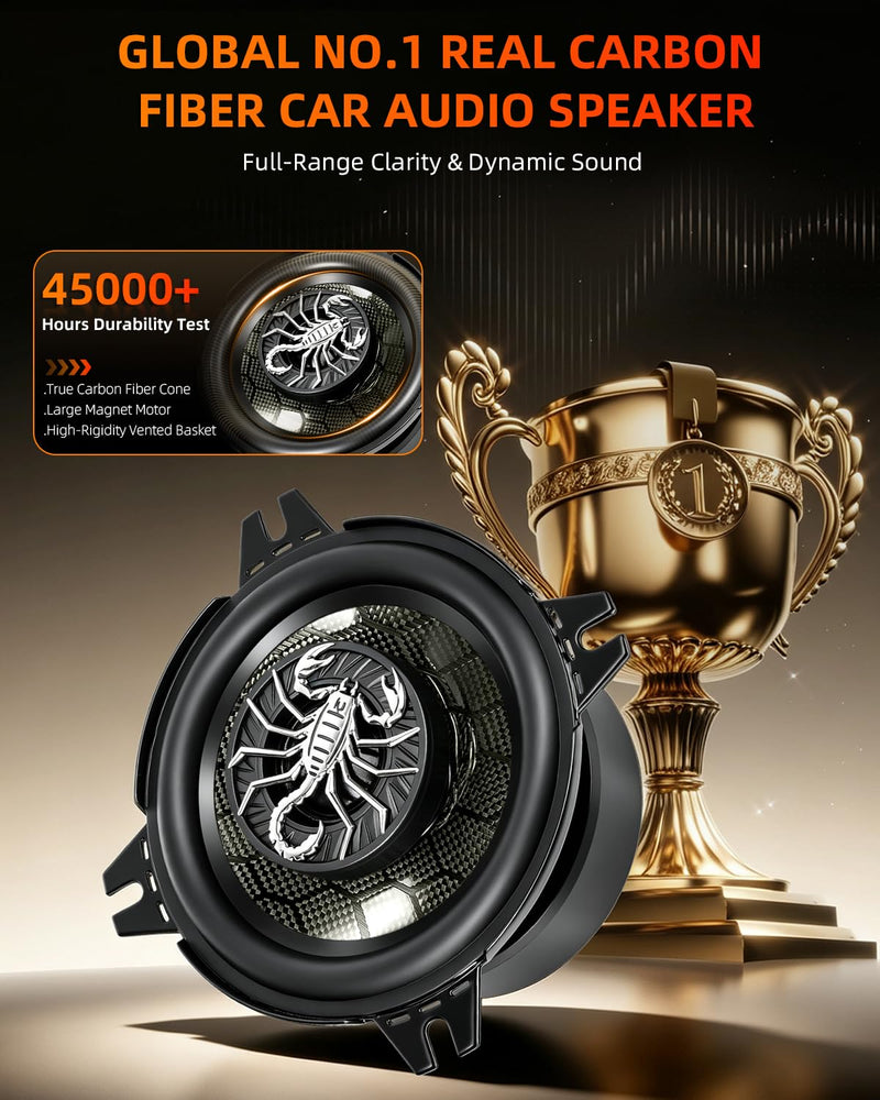 CarbonForce 4 Inch Speakers, 400W Peak 4 Ohm 4 Inch Car Speakers, 4in 2-Way Coaxial Speakers with Honeycomb Carbon Fiber Cone, N48 Tweeter for Door & Dash, 2 Pack Black