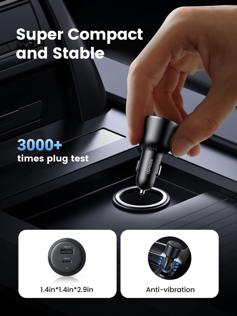 UGREEN 63W 2-Port USB C Car Charger, Type C Cigarette Lighter Adapter | 1 USB-C 1 USB-A, Compatible with iPhone 17 Air 17 Pro 17 Pro Max 16 15 14 13 12, Galaxy S25 S24 S23 Ultra, iPad