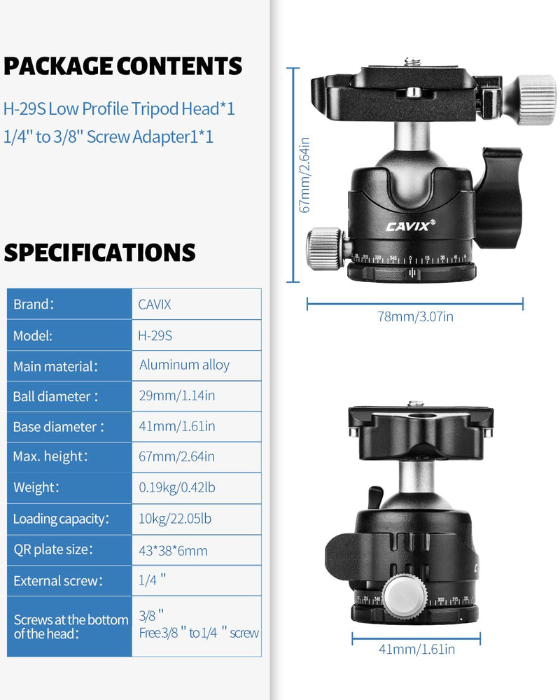 Low Profile Ball Head, CAVIX H-29S Camera Tripod Head Metal Ball Head with Arca Swiss Quick Release Plate Bubble Level Load Capacity 22 Lbs/10kg… Ball Dia. 29mm