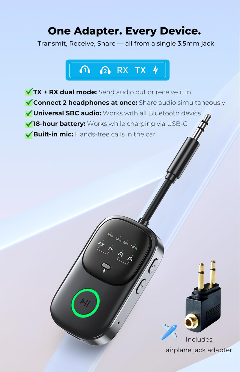 [AUSTRALIA] - Bluetooth Transmitter Receiver 2-in-1: Car Handsfree Mic, TV & Airplane Audio | Connect 2 Headphones | 18-Hr Battery 