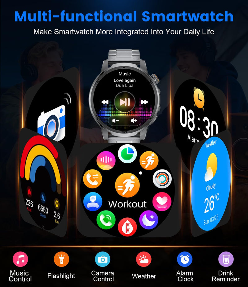 Military Smart Watch for Men Answer/Make Call, 1.85'' HD Rugged Smartwatch with 1000mAh Battery/Flashlight/Heart Rate/110+ Sports Mode, IP68 Waterproof Fitness Tracker Watch for Android iPhone Black