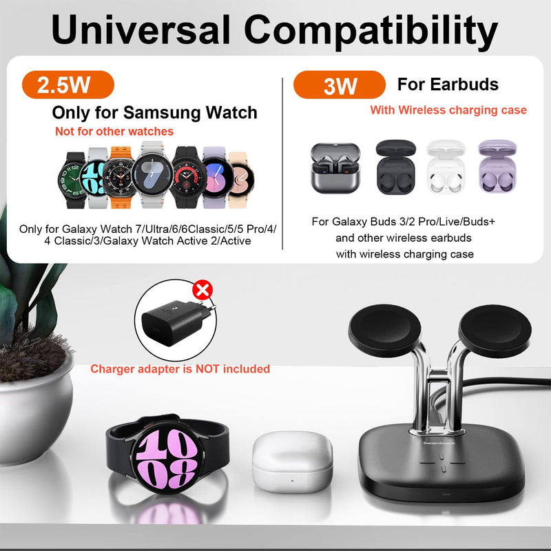 Dual Watch Charger and Portable Charger for Charging Samsung Watch, SwanScout 303S, 1800mAh Wireless Charger for Galaxy Watch 7/Ultra/6/6 Classic/5/5 Pro/4/4 Classic/3/Active 2/Active, for Travel