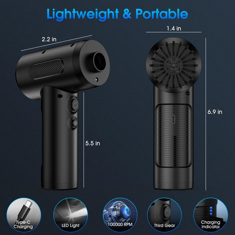 [AUSTRALIA] - Compressed Air Duster, 100000RPM Handheld Car Vacuum/Air Blower& Pump, 3 Gear Adjustable Electric Air Duster/Car Vacuum Cleaner, Keyboard Duster with LED Light-10 Kits Air Blower for Computer VC016 Black 