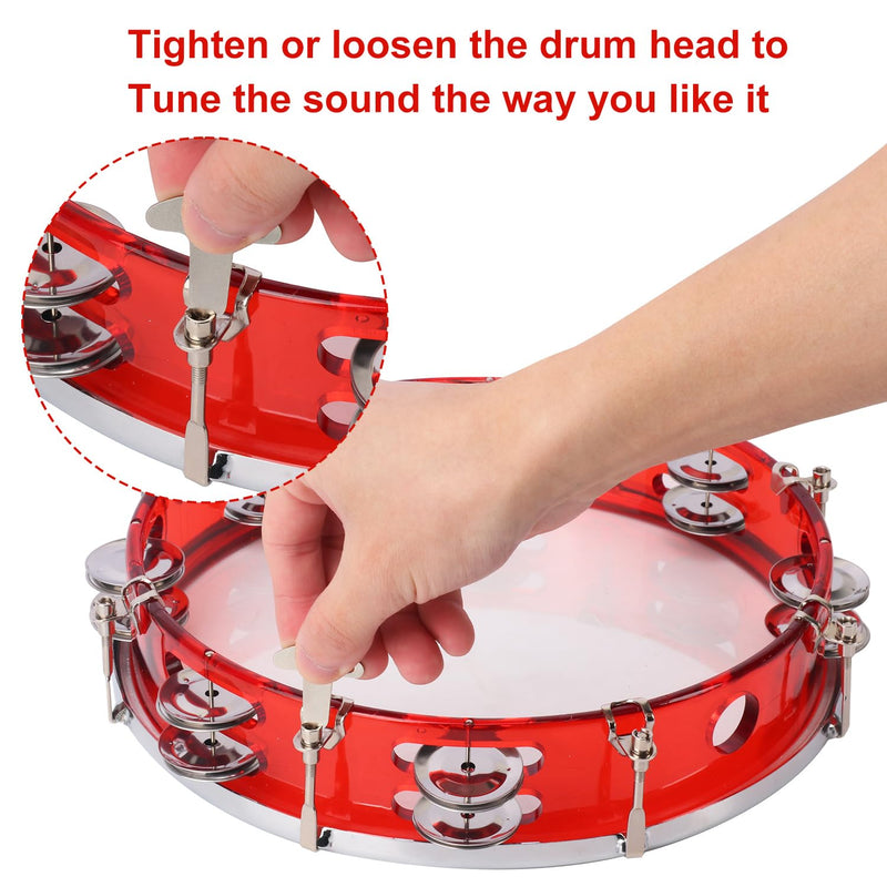 10 Inch Red Adjustable Tambourine, Musical Percussion Instrument Drum with Double Metal Jingles, Hand Held Tambourine for Adults, Church, Birthday, Party, Live Show