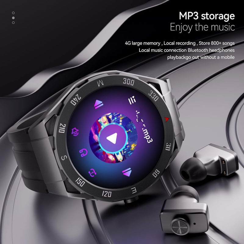 F33 Smart Watch with Earbuds 3 in 1 MP3 Bluetooth Headset 1.43 Inch Smartwatch Built-in Wireless Earbuds Speaker Round Fitness Tracker Body Health Monitor 512MB Memory Local Music Player (Black) Black