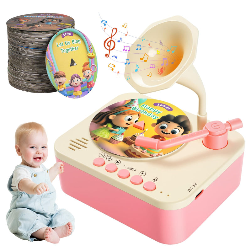 [AUSTRALIA] - Kids Phonograph Toddler Record Player， with 96 Learning Cards, Early Education Machine Record Player Music Box Storyteller pop Speakers, Gift for Boys and Girls Pink 