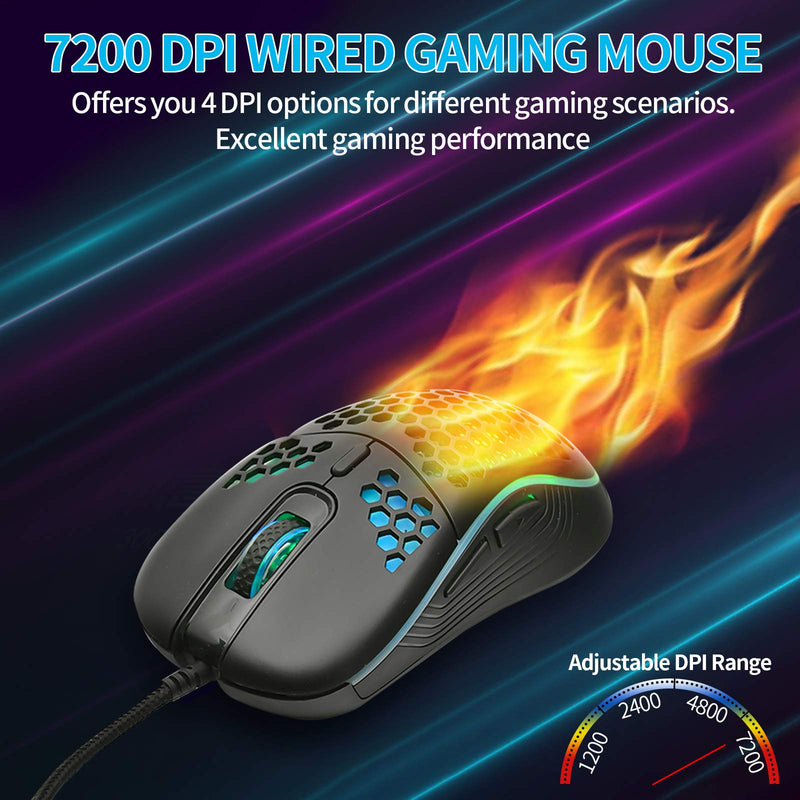 Honeycomb Wired Gaming Mouse, RGB Backlight and 7200 Adjustable DPI, Ergonomic and Lightweight USB Computer Mouse with High Precision Sensor for Windows PC & Laptop Gamers (Black) Black