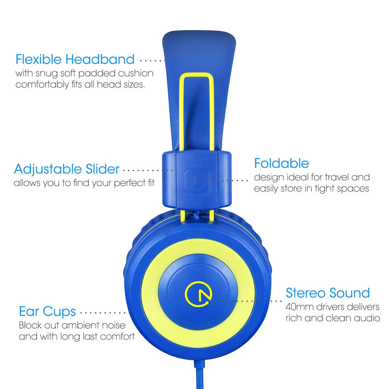 noot products Kids Headphones with Microphone K12 Stereo 5ft Long Cord with 85dB/94dB Volume Limit Wired On-Ear Headset for iPad/Amazon Kindle,Fire/Toddler/Boys/Girls/School(Blue/Lime) Blue Lime