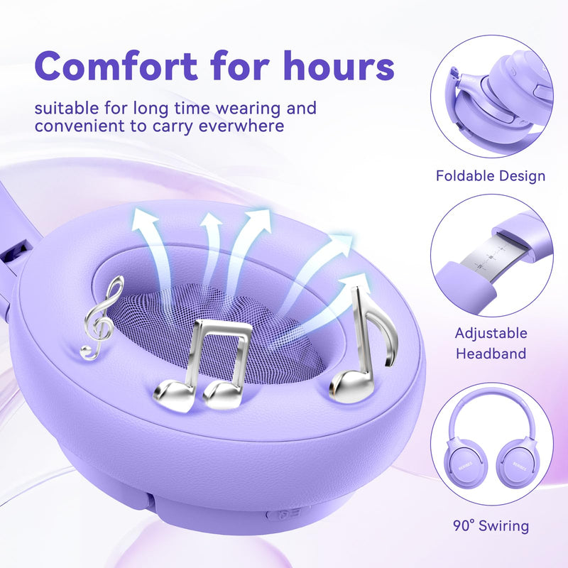 BERIBES Bluetooth Headphones Over Ear Wireless HiFi Stereo Headsets 65H 6EQ | Bluetooth 6.0,with Built-in HD Mic,Foldable Lightweight,Comfort Fit,Fast Charging,Deep Bass for Home Office Cellphone PC Ect. Purple
