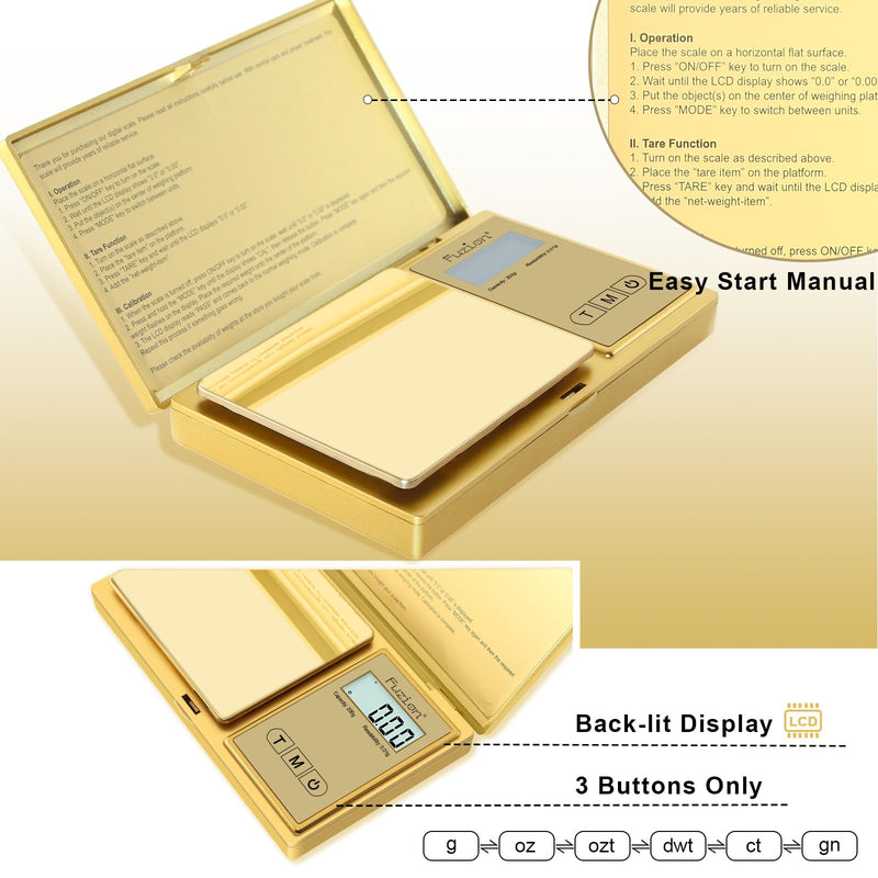 Fuzion Gram Scale, 200gx0.01g Digital Pocket Scale Gold Titanium Plating, High Precision Small Scale, 6 Units Jewelry Scale with Back-Lit LCD, Tare Function for Food, Powder, Herb, Arrow, Travel FZ-200