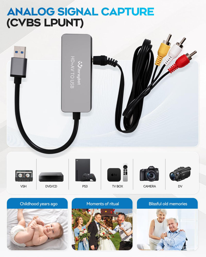 USB Video Capture Adapter, VHS to Digital Converter,Video Capture Card for VHS,RCA,HI9,hdmi for Video Streaming Convert VHS/DVD to Digital Format, RCA/S-Video/HDMI Input Optimized Version USB A