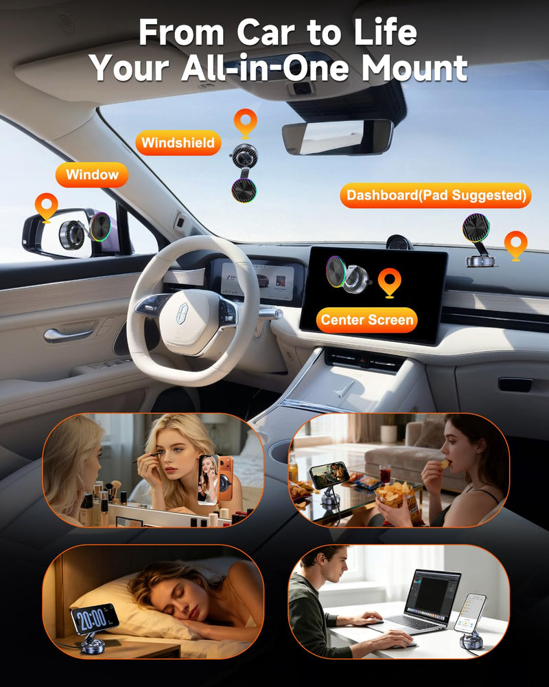 for MagSafe Car Mount Charger, 15W Fast Charging Magnetic Wireless Car Charger, Vacuum Magnetic Phone Holder [120LBS Ultra Suction Cup & 3800gf Magnet ] 780° Dashboard Car Bracket for iPhone & Android