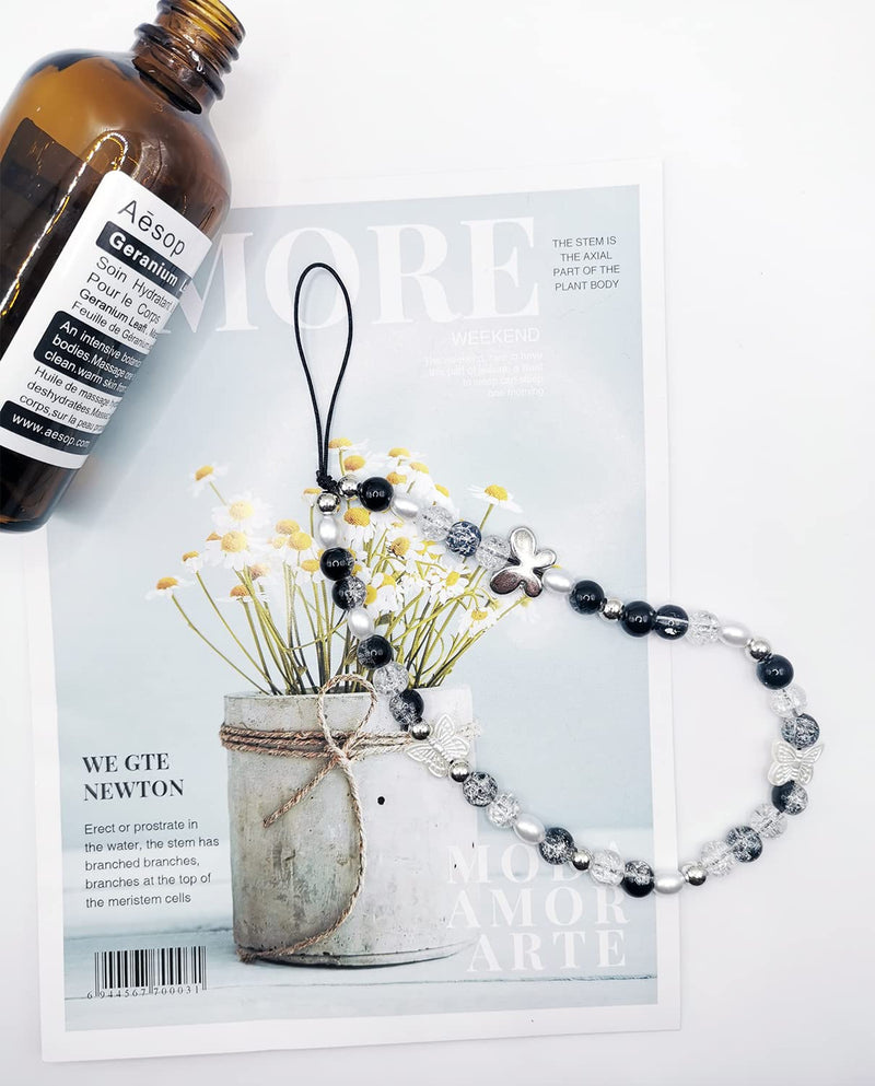 1-2 PCS Butterfly Y2K Beaded Phone Charm Black White Purple Blue Green Cute Charms Cell Phone Lanyard Strap Handmade Acrylic Flower Wrist Beads Chain Sweet Gifts for Girls Women Black Butterfly