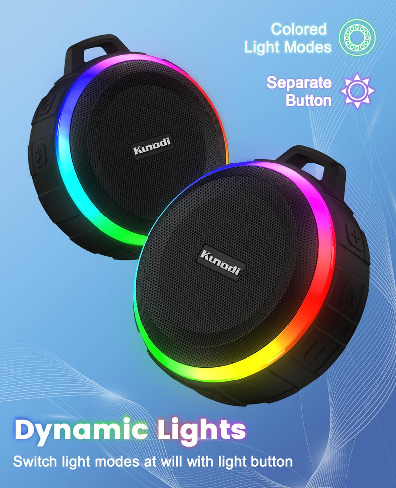 Kunodi Bluetooth Shower Speaker with IPX7 Waterproof, Dynamic Lights, Crisp Clear Sound, True Wireless Stereo, Clip Portable for Pool Beach Boat Kayak Float Golf Gift WaterproofBlack