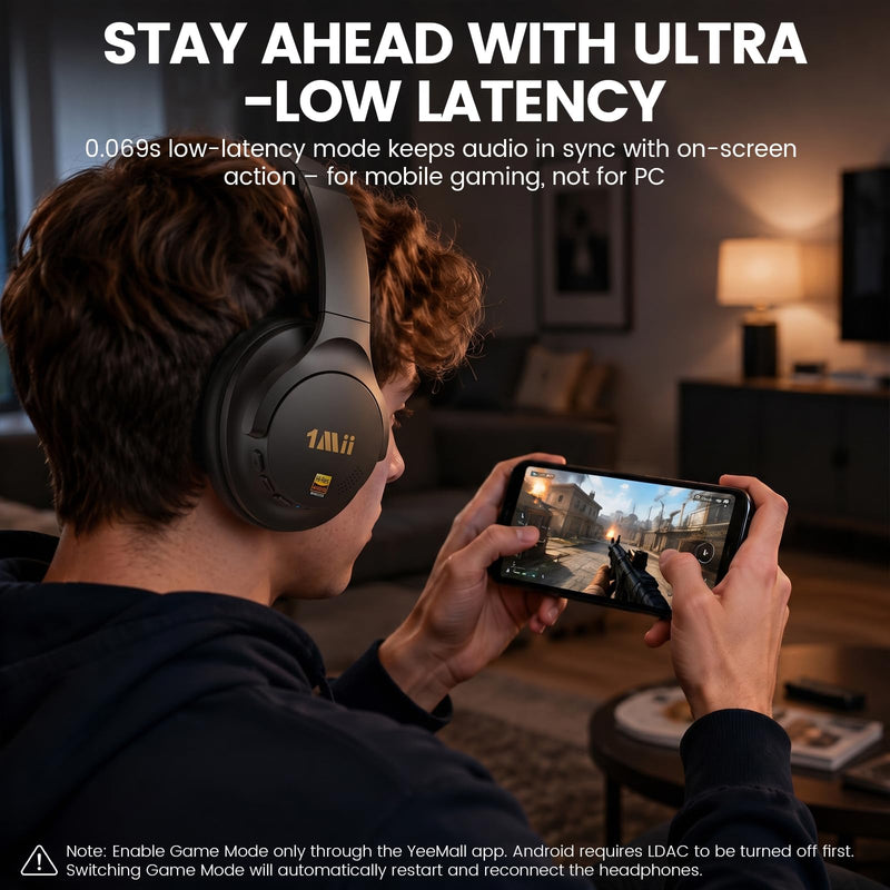 1Mii Y8+ Noise Cancelling Headphones for Gaming, Airplane & Travel, Black | Bluetooth 6.0 Over-Ear Wireless, Hybrid ANC, 100 hrs Playtime, Comfortable, LDAC Hi-Res Audio, Deep Bass, Custom EQ via APP