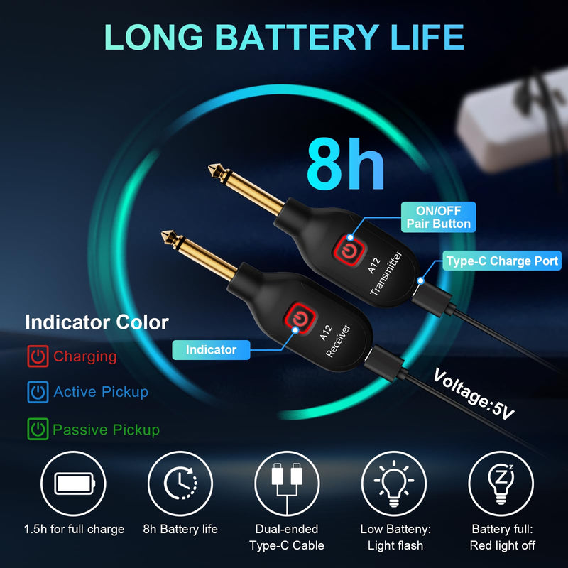 A12 Wireless Guitar Transmitter Receiver - 2.4GHz System, 24-bit 48KHz Audio, 100ft Range, No Latency, Rechargeable, Easy Pairing for Electric Guitar & Bass - Accessories (1TX+1RX) 1TX+1RX