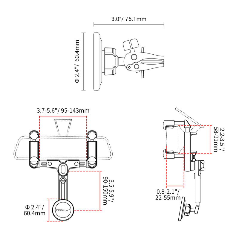 PROfezzion Car Rearview Mirror Magnetic Phone Mount Holder for MagSafe | Vent Clip Included, No Vibrating, Eye-level View, Length & Angle Adjustment, for iPhone 17 16 15 14 13 Pro Max & All Phones Car Rearview Mirror or Vent