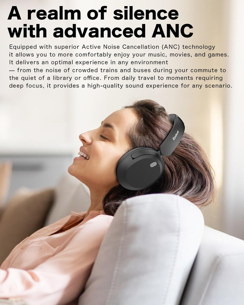 KIMHOST T30 Active Noise Cancelling Headphones, 120Hrs Playtime Bluetooth 5.3 Headphones, Multipoint, Deep Bass, Foldable, HiFi Stereo Wireless Over Ear Headphone for Travel, Office, Music, Game, Gym