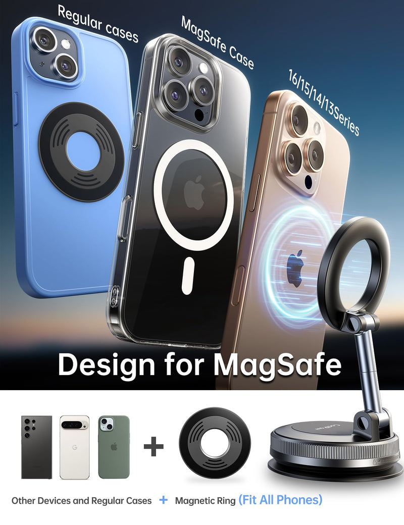 Coolpow【Newest Vacuum Magnetic Phone Holder for Car Phone Holder Mount【Movable Vacuum Suction】 Magsafe Car Mount Cell Phone Holders for Your Car Accessories for Women Men for iPhone 17 16-red | 【26 x N58 Magnets】360° Rotation, Magnetic Car Phone Holder...