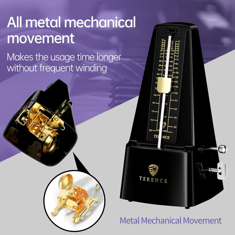 TERENCE Mechanical Metronome for Piano Guitar Violin Bass Drum and Other Musical Instruments Loud Sound and High Precision Track Beat and Tempo, Portable Metronome Gift Teaching for Beginners (Black) Black