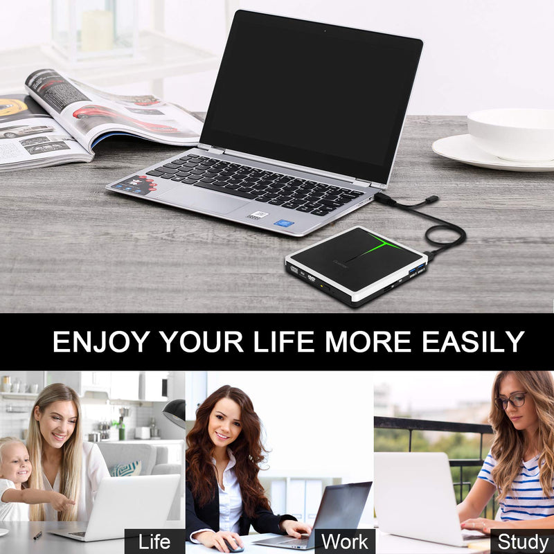 Guamar External DVD Drive for PC: USB-C CD Burner Player for Laptop Mac Windows 11 with SD/TF Slot/2 USB Ports/Carrying Case Read Write Music/Movie/Photo Portable Plug & Play Silver