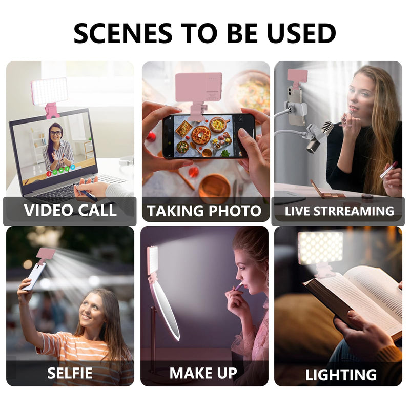 Pink Selfie Light with Phone Light Clip,80led Portable Selfie Light with 3 Light Modes and Infinite Adjustment Modes, 2000mah Rechargeable Selfie Light for Phone, Laptop, Makeup, Live Stream