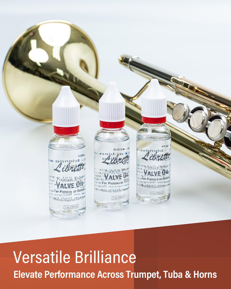 [AUSTRALIA] - Libretto Brass Valve Oil, Set of 3, Safety Cap, Premium Lubricant, Long-Lasting, Smooth, Odorless, Special-Blended Synthetic Formula, 1 oz (30ml) Valve Oil (3 pack) 