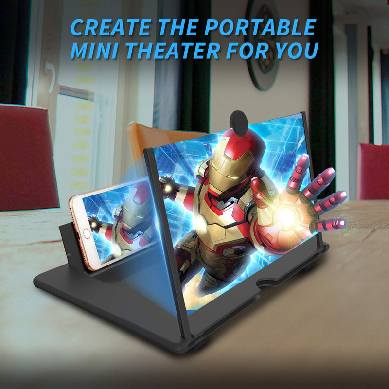 12 Inch Phone Screen Magnifier, 3D HD Mobile Phone Projector Amplifier Pulling-Out Movie Video Enlarger Anti-Radiation Eye Protection with Foldable Stand Holder for All Smartphones-Black Black