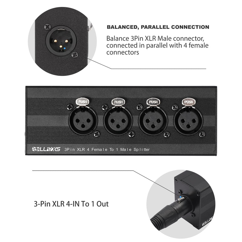 3 Pin XLR 1 Male to 4 Female Splitter,4 in to 1 Out Aduio Box,4WAY Four-Input and one-Output Parallel Connection Adapter,Four Microphone inputs Converted to one Output 1 Male to 4 Female Adapter