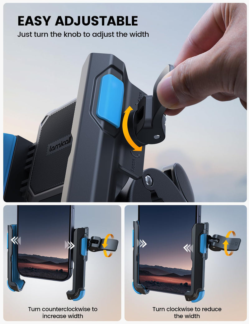[AUSTRALIA] - Lamicall Motorcycle Phone Mount Holder - [Camera Friendly] [1s Lock] Bike Phone Holder Handlebar Clamp, Bicycle Scooter Phone Clip, for iPhone Air, 17, 16, 15 Pro Max, Galaxy S25, 4.7-7" Phones, Blue 