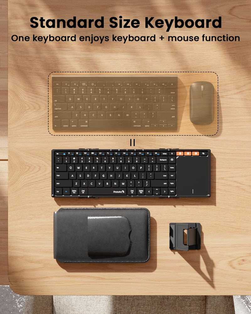 ProtoArc Foldable Keyboard with Touchpad, XK01 TP Folding Portable Keyboard, Full Size Keys, Large Trackpad Bluetooth Travel Keyboard for iPad, iPhone, Laptop PC Tablets -Black Black