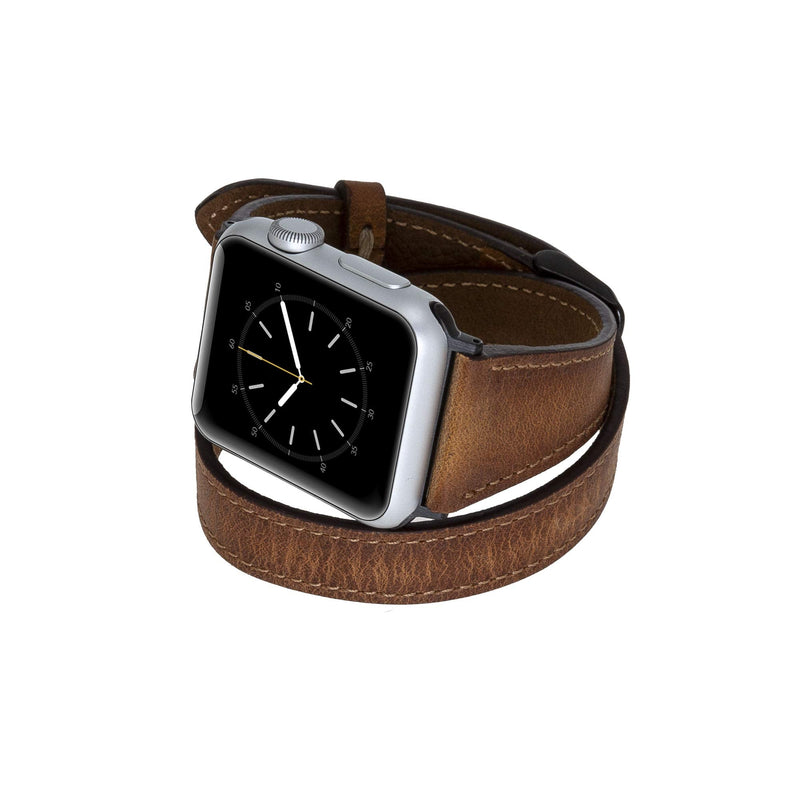 Venito Serena Slim Double Wrap Leather Watch Band Compatible with Apple Watch 42mm 44mm 45mm - iwatch Series 1, 2, 3, 4, 5, 6, 7, SE (Antique Brown w/Black Stainless Steel Hardware