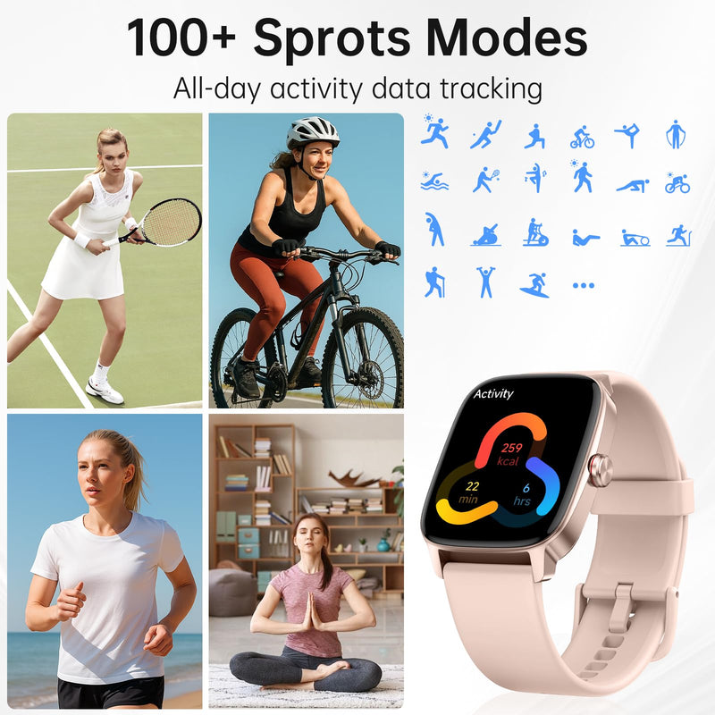 Smart Watches for Women Men with Bluetooth Call & AI Voice, 1.85" HD Fitness Tracker with Heart Rate SpO2 Sleep Monitor, 100+ Sports Modes,Mini Games, IP68 Waterproof Smartwatch for Android iOS Phones Light Pink