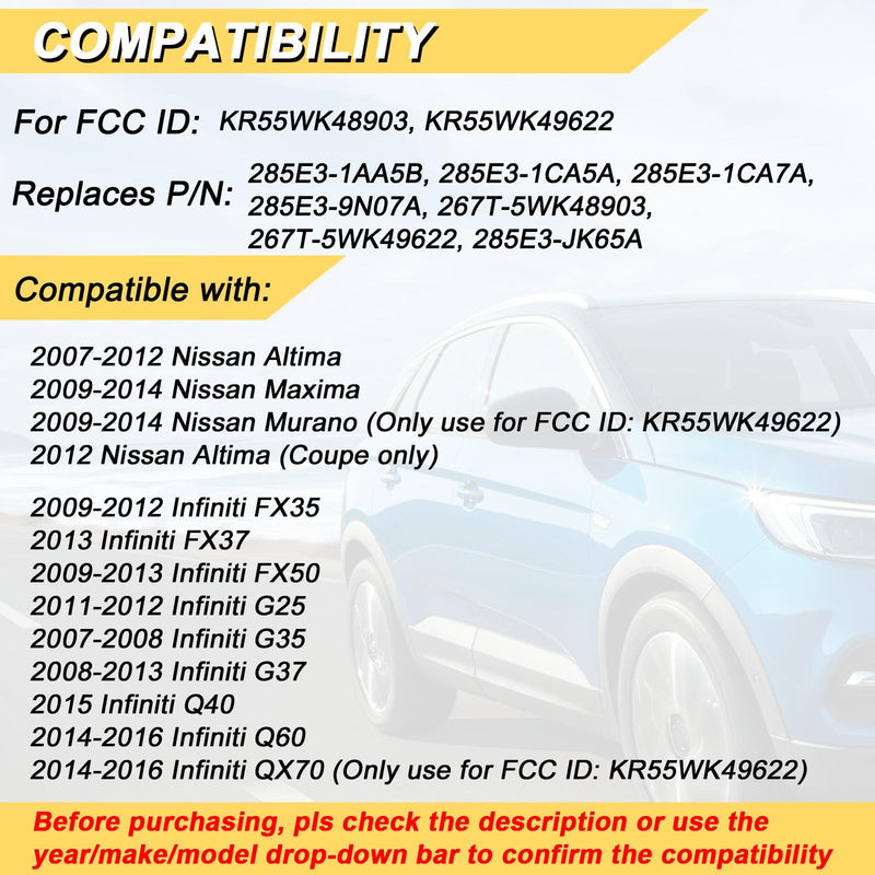 [AUSTRALIA] - Key Fob Replacement for 2007-2012 Nissan Altima/ 09-14 Maxima & Murano/ 09-12 Infiniti FX35/ 08-13 G37/ 09-13 FX50/ 14-16 Q60 QX70/ 11-12 G25/ 07-08 G35, KR55WK48903 KR55WK49622,4 Buttons 