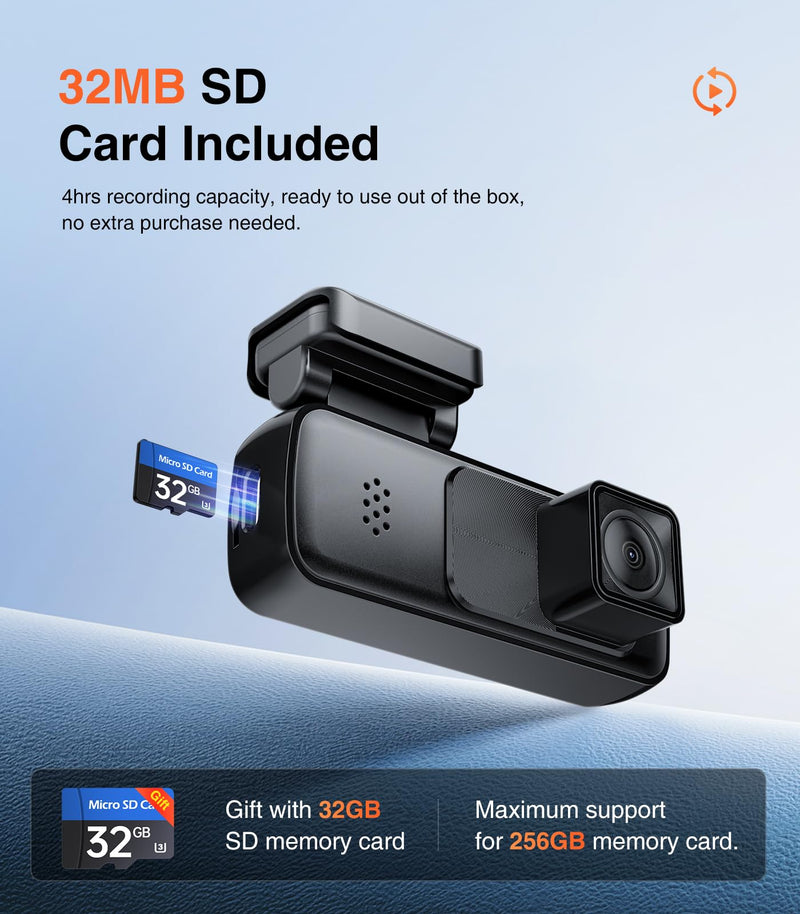 AINAVI Front Dashcam for Cars with 32G Card, Mini 2K Dash Camera, Dash Cam Built-in WiFi Wireless with APP Control, Hidden-Style Single Car Camera/WDR/Night Vision/G-Sensor/24H ParkingMode
