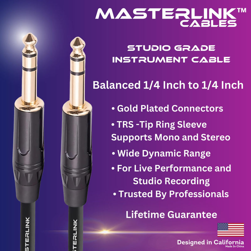 MASTERLINK 1/4 Inch TRS Instrument Cable 20 FT | Gold Connectors, Balanced 6.35mm Male to Male Jack Stereo Audio Balanced Line for Synths, Keyboard, Mixer, Amplifier, Speakers, Electric Bass Guitars 20FT