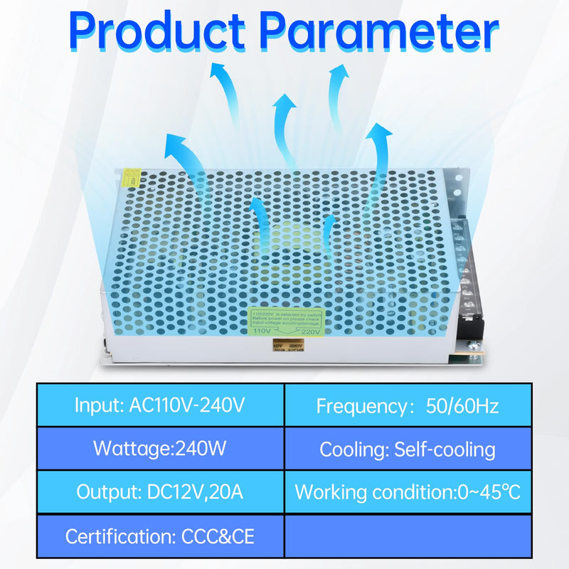 [AUSTRALIA] - Switching Power Supply 12 V 20 A Transformer, 240 W LED Power Supply Transformer AC 230 V to DC 12 V Adapter Transformer for LED Strips, 3D Printer, LED Lighting 