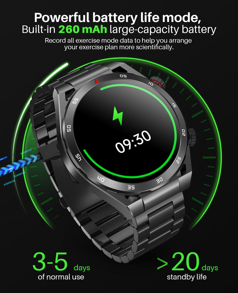 EarlySincere Smart Watches for Men with Blood Pressure, 1.39" HD Fitness Watch, Smartwatches with Heart Rate Blood Oxygen Sleep Monitor for Android and iPhone, Comes with Replaceable Silicone Strap Black Metal