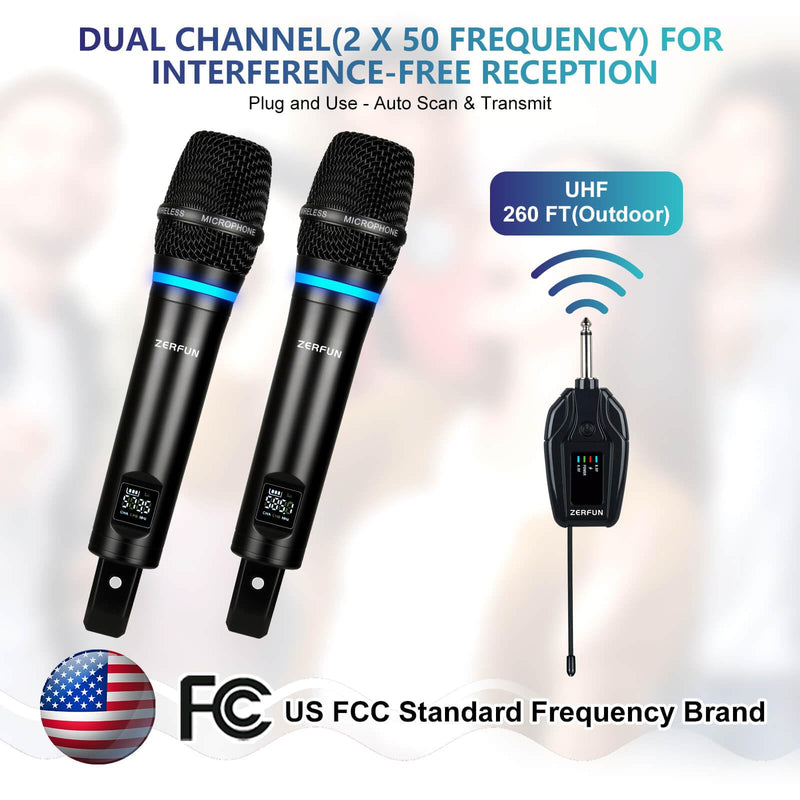 2 Channel Rechargeable Wireless Microphone System, Pro UHF Metal Handheld Wireless Microphones Cordless Mics with Mini Receiver, Channel Control for Karaoke Singing Church Rechargeable WM-2 2 Handheld